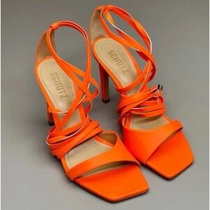 SCHUTZ Bryce Ankle Tie Womens High Heel Leather Strappy Sandal Orange Sz 6.5 New